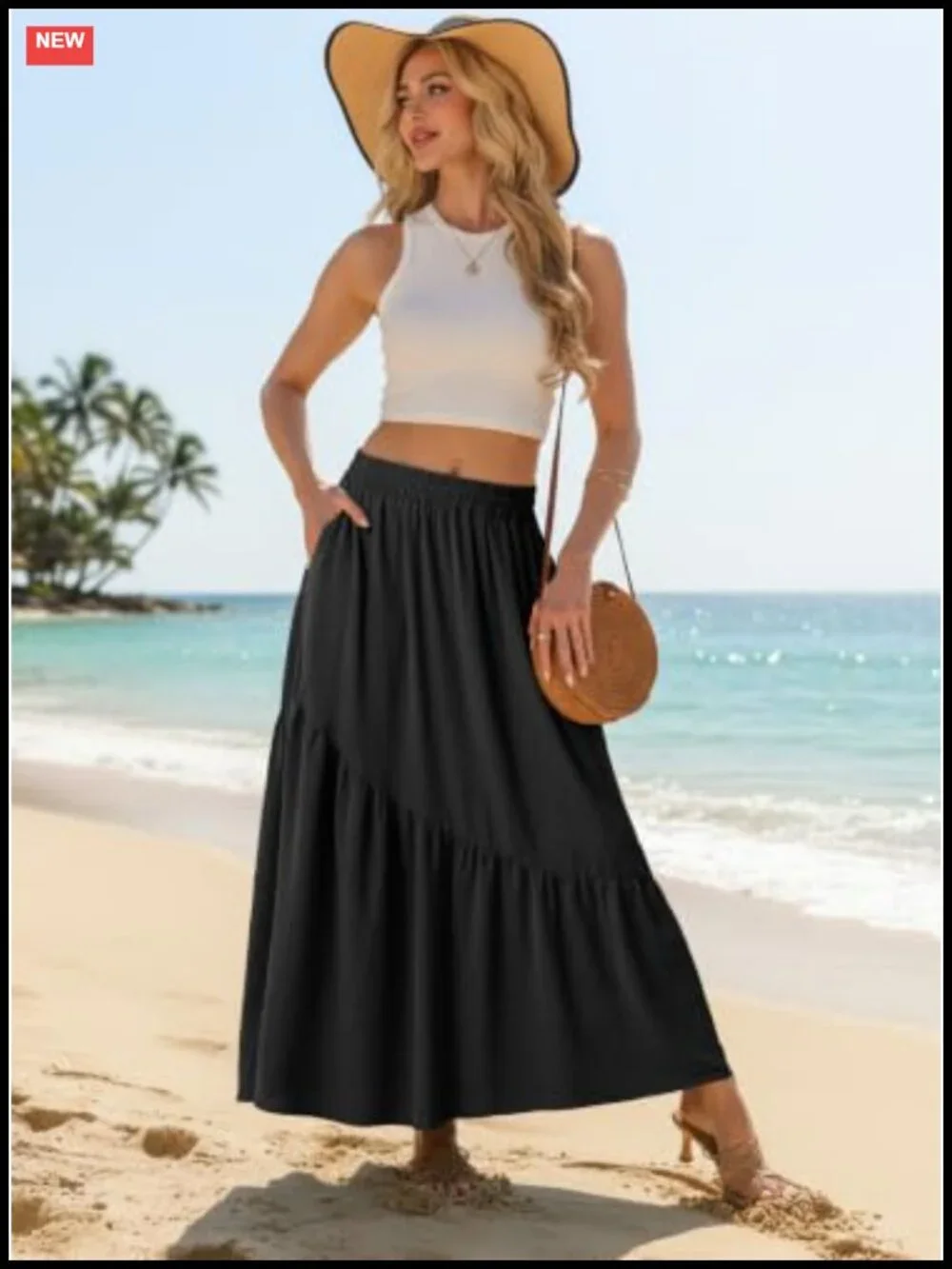 Women's Maxi Skirt High Waist Tiered A-Line with Pockets Flowy Swing Pleated
